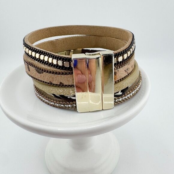 Multi-Strand Mixed Material Bracelet Bohemian Animal Print Rhinestone Faux Pearl - Picture 6 of 8